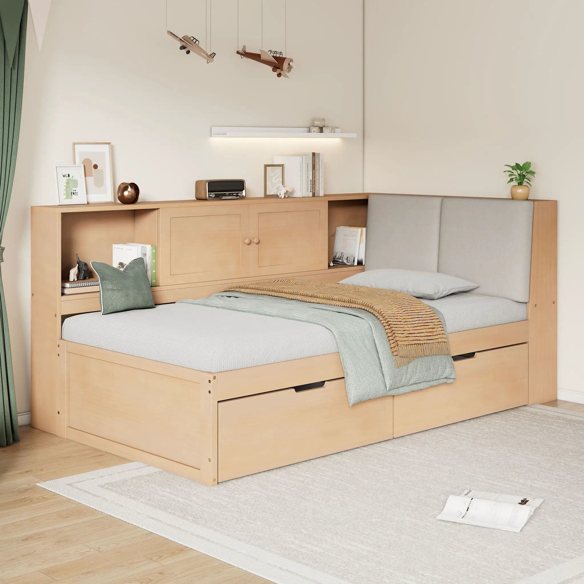 Twin L - Shaped Daybed With Storage Bookcase, Upholstered Headboard, USB Charging Ports & Hidden Drawers - Natural by HouseOfZazla