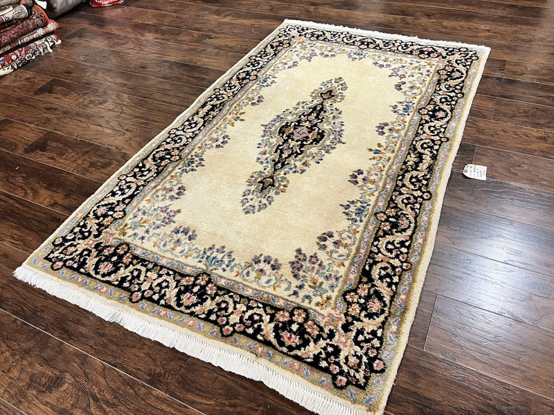 Persian Kirman Rug 4x7, Wool Hand Knotted Antique Carpet, Beige, Semi Open Field Medallion Rug, Traditional Handmade Oriental Rug by Jewel Rugs