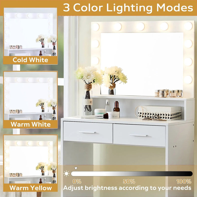 Vanity Desk With Mirror And Lights, Dressing Table With Large Drawer, 2 Level Storage Dresser & 3 Lighting Modes Adjustable Brightness, Suitable For Bedroom by Unique Piece Furniture