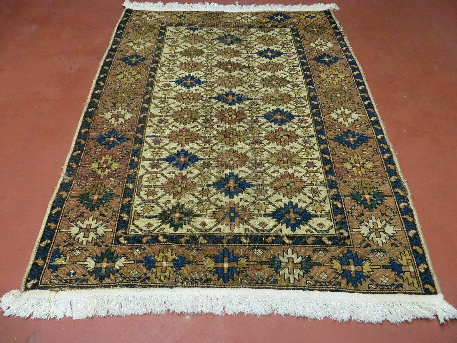 4' X 5' Antique Handmade Caucasian Kazak Shirvan Wool Rug Snow Flakes by Jewel Rugs