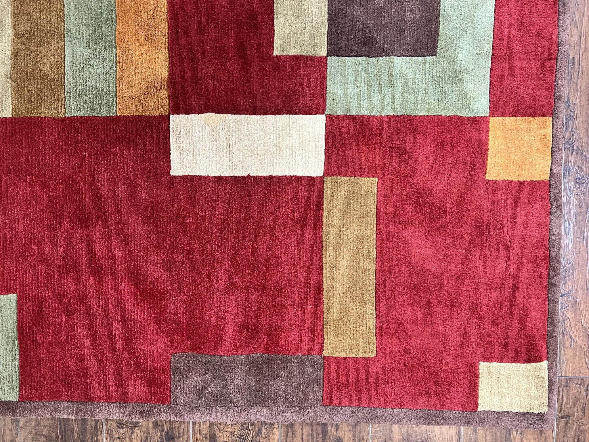 Indo Tibetan Modern Rug 5x8, Abstract Rug 5 x 8 ft, Red Multicolor Wool Handmade Contemporary Area Rug by Jewel Rugs