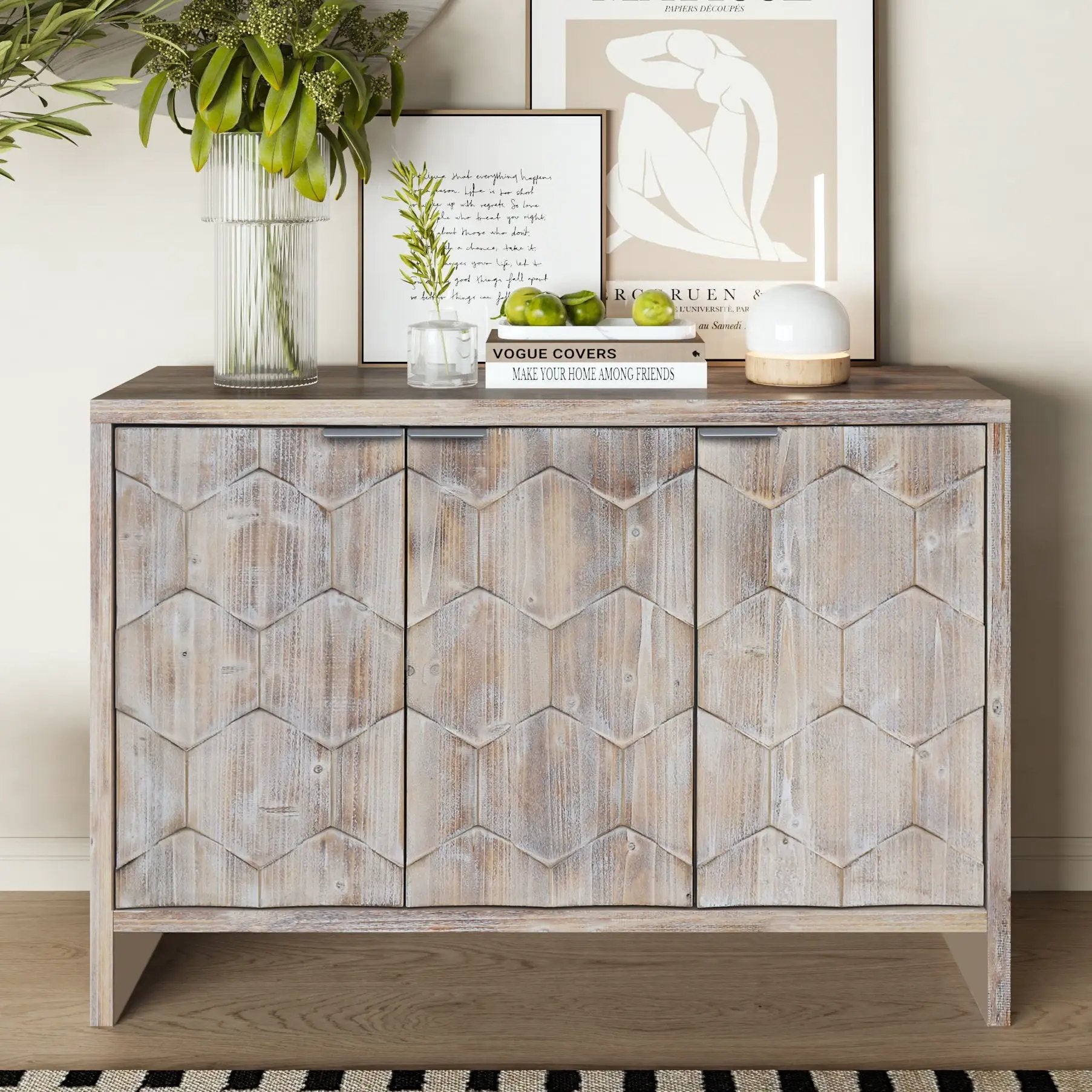 Accent Cabinet Farmhouse Style 3 Door Wooden Cabinet Sideboard Buffet Server Cabinet Storage Cabinet, For Living Room - Natural Wood Wash by Unique Piece Furniture