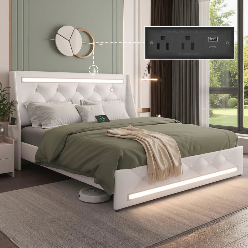 Wingback Upholstered Bed Frame With LED Lights, Charging Station by HouseOfZazla