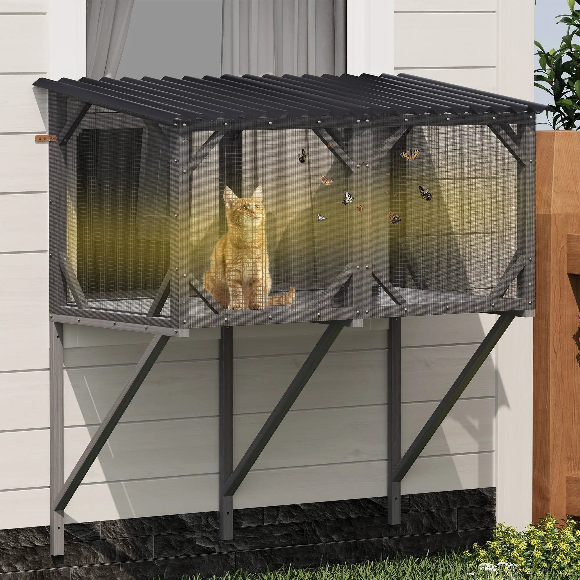 Premium Cat Window Box With Bug Proof Net For Large Indoor Cats Spruce Wood & Polyester - Antique Gray by HouseOfZazla