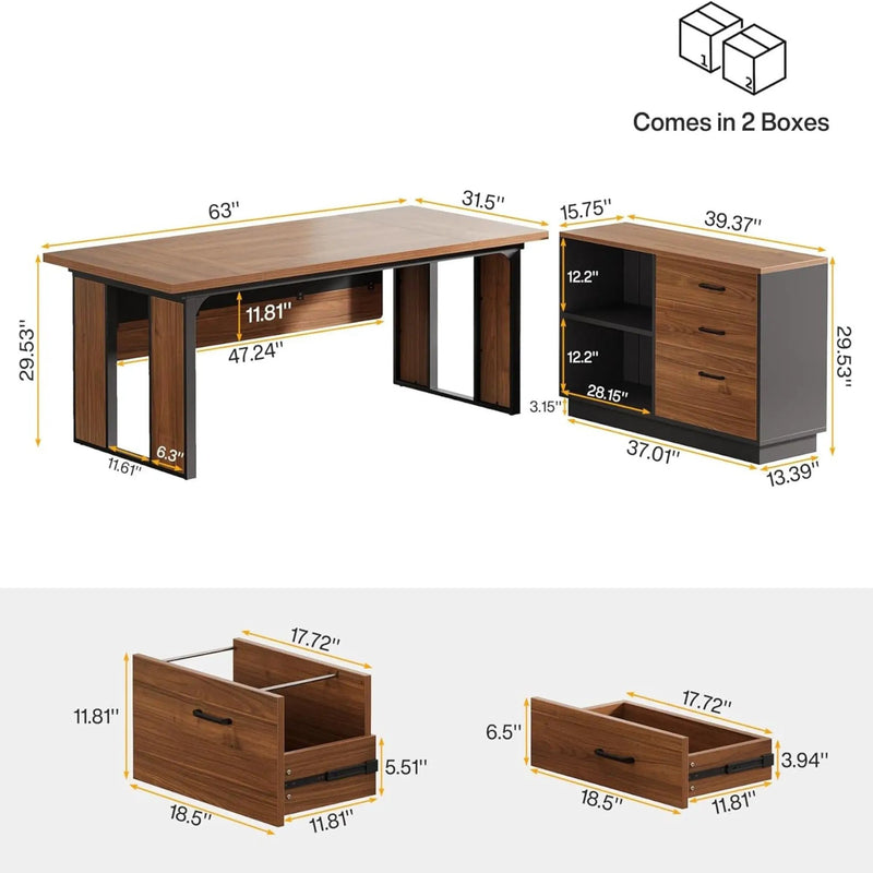 L-Shaped Executive Desk With File Cabinet, Office Computer Desk With Drawers & Open Shelves, Workstation For Home Office - Brown / Black by HouseOfZazla
