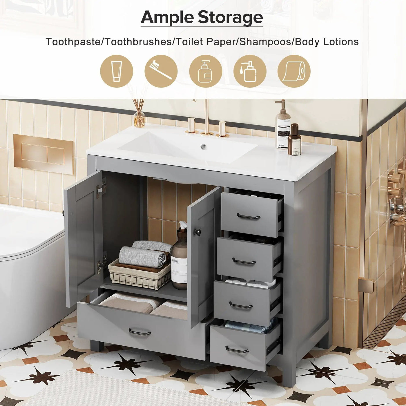 Bathroom Vanity With Ceramic Sink Combo, Abundant Storage Cabinet 2 Soft Close Doors And 5 Drawers by Unique Piece Furniture