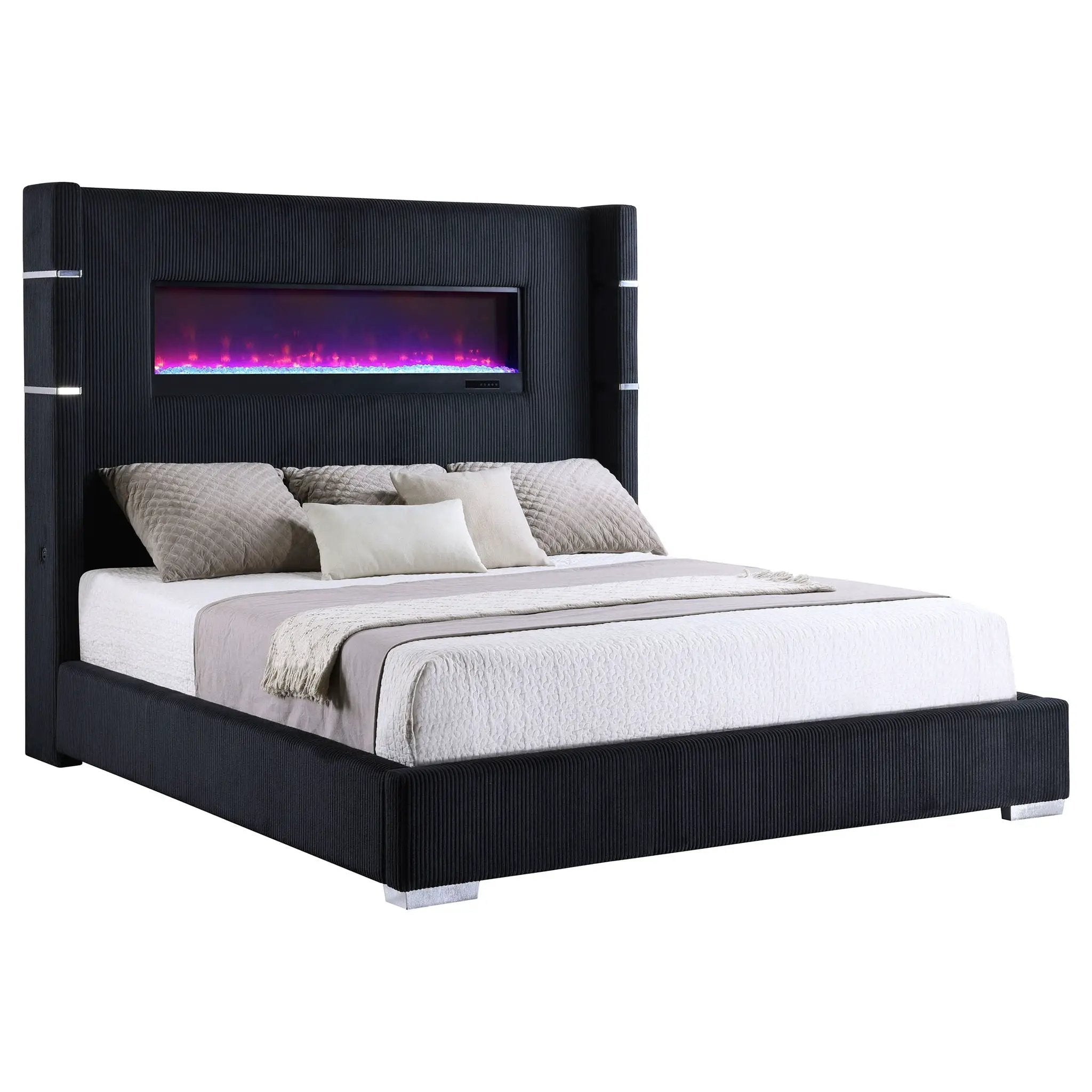 Tisdall Upholstered Eastern King Flame Visualizer Bed Black by Unique Piece Furniture
