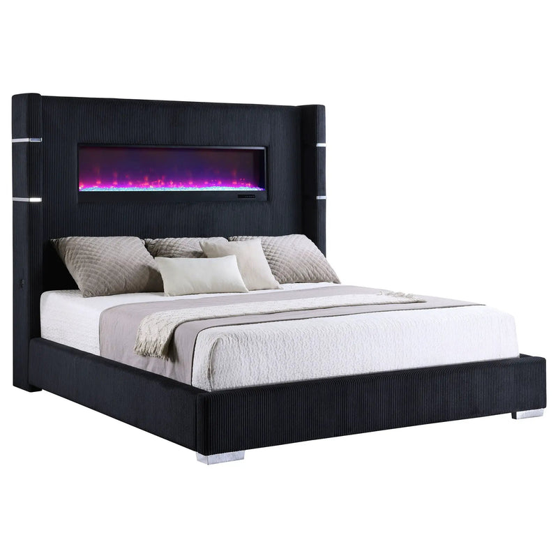 Tisdall Upholstered Eastern King Flame Visualizer Bed Black by Unique Piece Furniture