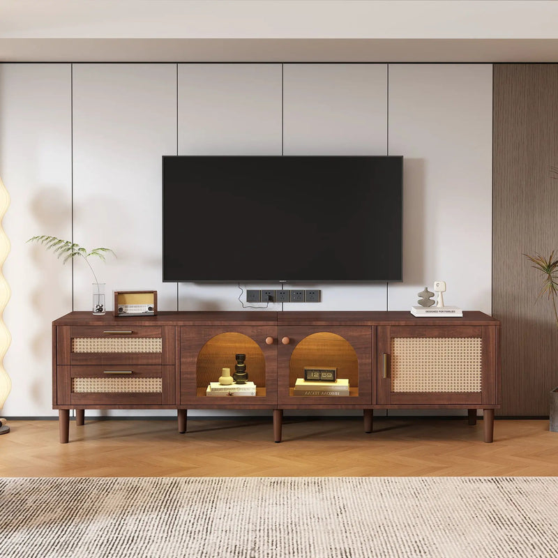 TV Stand With 3 Cabinets & 2 Drawers, LED Light Media Console For TVs Up To 80" - Dark Brown by Unique Piece Furniture