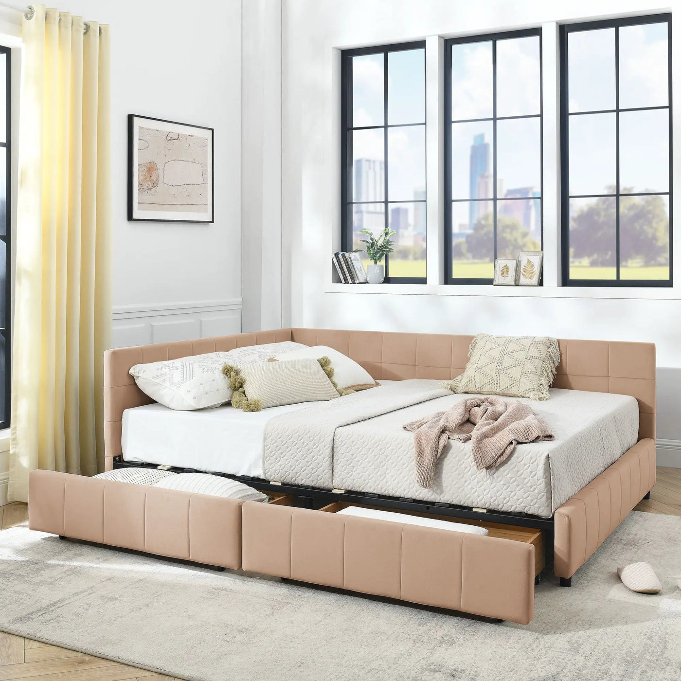 Mid-Century Storage Upholstered Tufted Bed Frame With Backrest And Armrests by Unique Piece Furniture