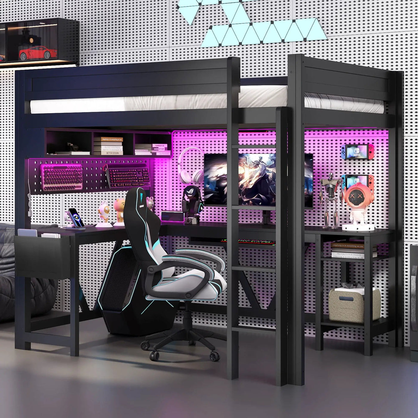 Gaming Loft Bed With Desk, Storage Shelves, LED And Charging Station by Unique Piece Furniture