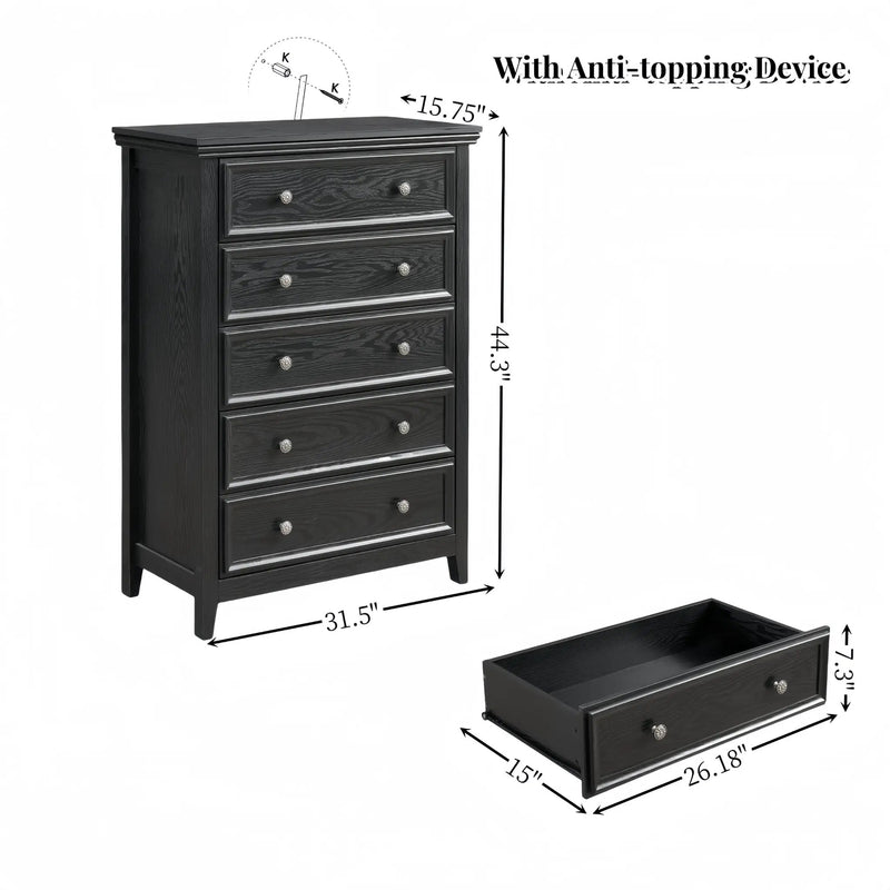 Modern 5-Drawer Black Dresser for Living Room Storage by HouseOfZazla