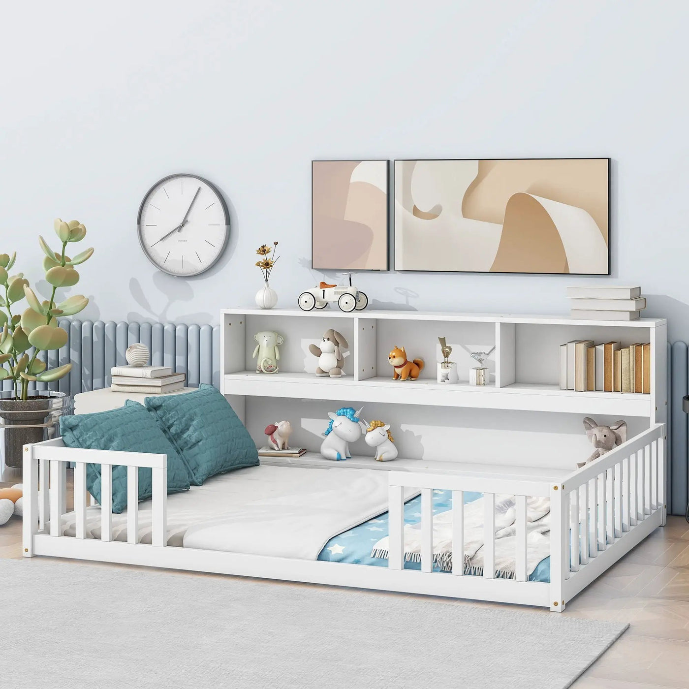 Floor Bed With Side Bookcase, Shelves, Guardrails by Unique Piece Furniture
