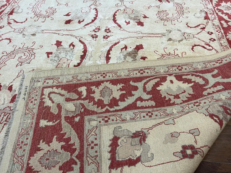 Peshawar Rug 8x12 Pakistani Carpet, Oriental Rug 8 x 12 Chobi Rug, Beige and Red, Allover Large Floral Design, Hand Knotted Vintage Wool by Jewel Rugs