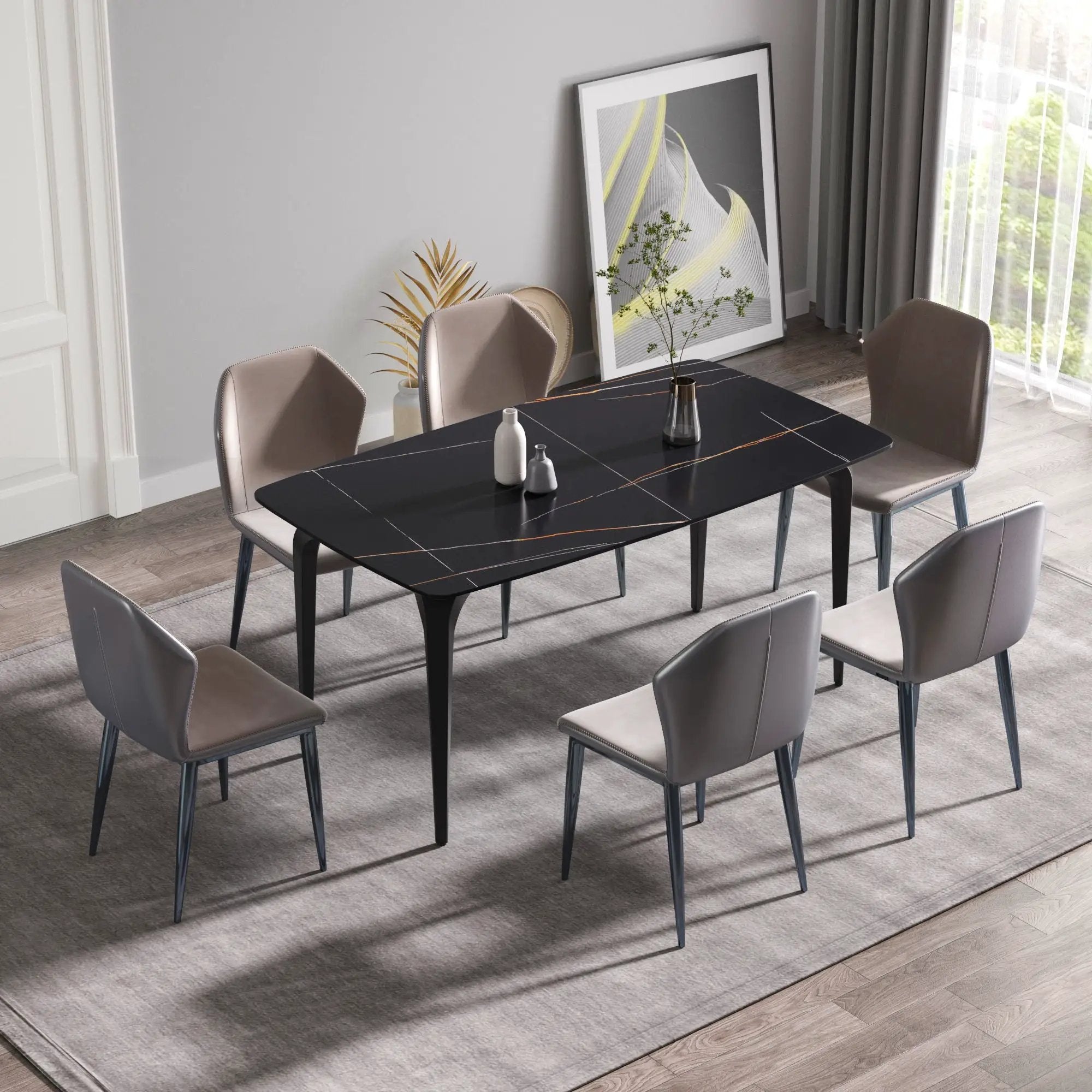63" Artificial Stone Black Curved Black Metal Leg Dining Table, 6 People - Black by HouseOfZazla