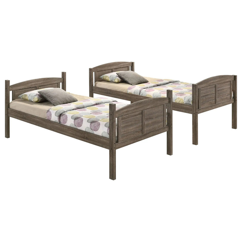 Flynn Wood Twin Over Twin Bunk Bed with Mattress Weathered Brown by Unique Piece Furniture