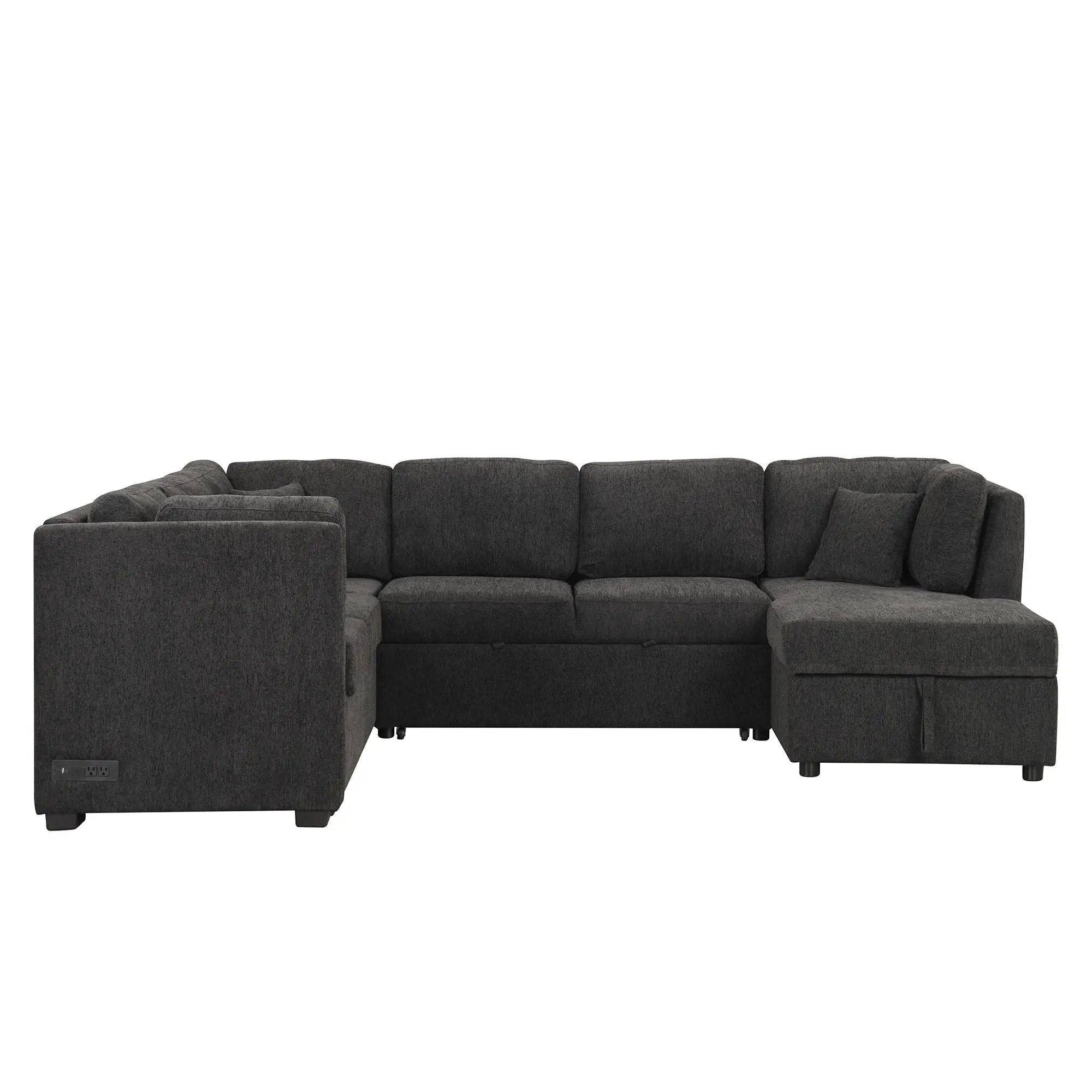 U-Shaped Sectional Sofa Pull Out Sofa Bed With Two USB Ports, Two Power Sockets, Three Back Pillows And A Storage Chaise For Living Room by HouseOfZazla