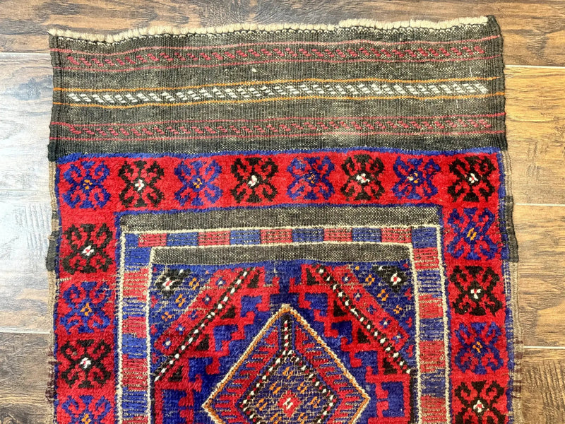 Turkoman Runner Rug 2 x 8.6, Skinny Runner, Handmade Wool Carpet for Hallway, Red and Blue, Wool, Vintage 8ft Runner by Jewel Rugs