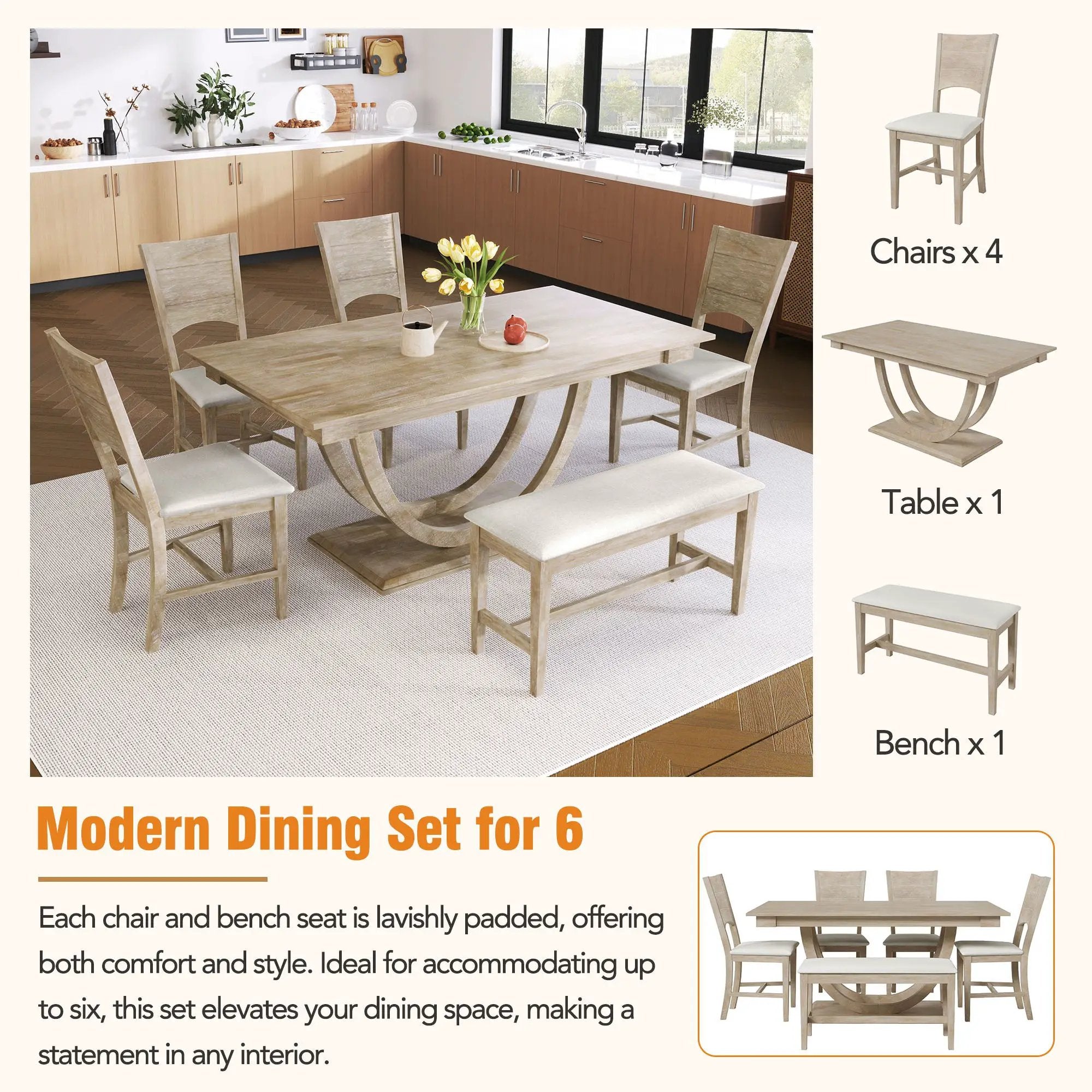 Topmax - 6 Piece Wood Half Round Dining Table Set Kitchen Table Set With Long Bench And 4 Dining Chairs, Modern Style by Unique Piece Furniture