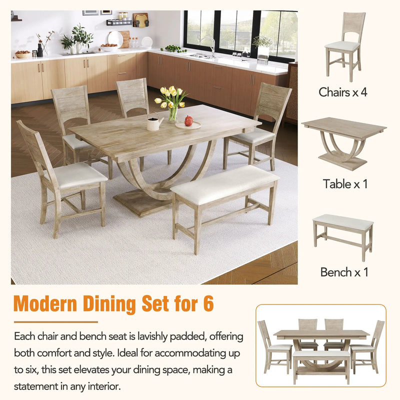 Topmax - 6 Piece Wood Half Round Dining Table Set Kitchen Table Set With Long Bench And 4 Dining Chairs, Modern Style by Unique Piece Furniture