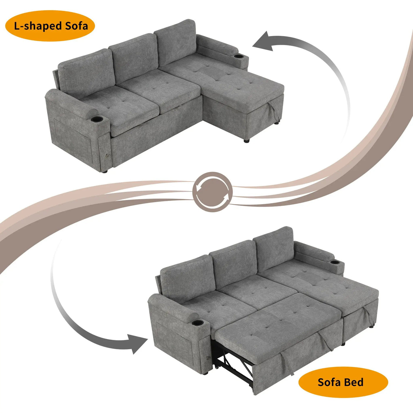 Convertible L Shaped Sofa Couch With Storage, Cup Holders, USB Ports by Unique Piece Furniture