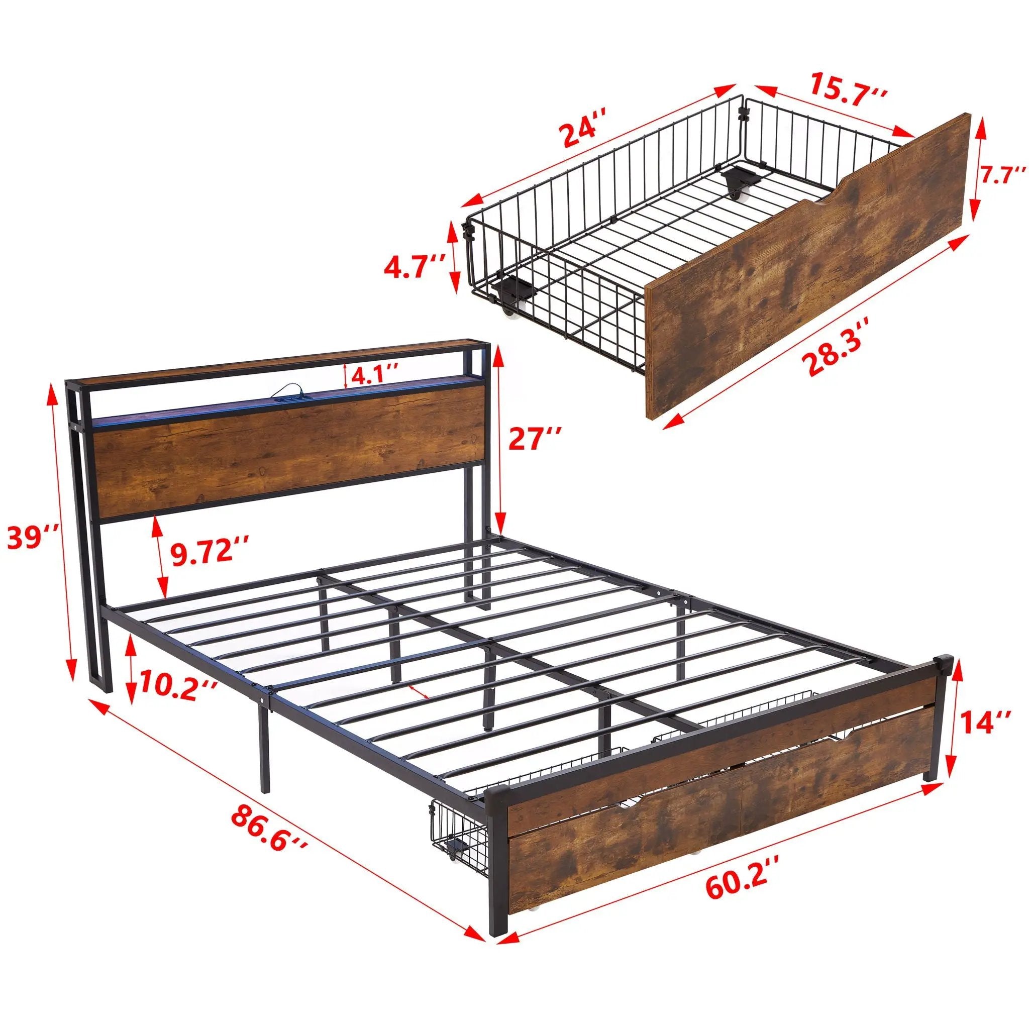 Modern Metal Platform Bed Frame With Wooden Headboard And Footboard, USB Charging Station, LED Lights, 2 Drawers by Unique Piece Furniture