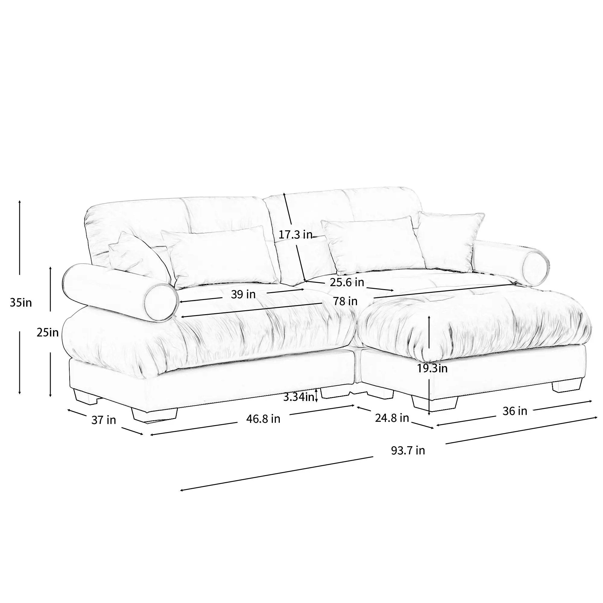 Modern Sectional Sofa With Ottoman, Round Bolster Armrests, Waist And Throw Pillows by Unique Piece Furniture
