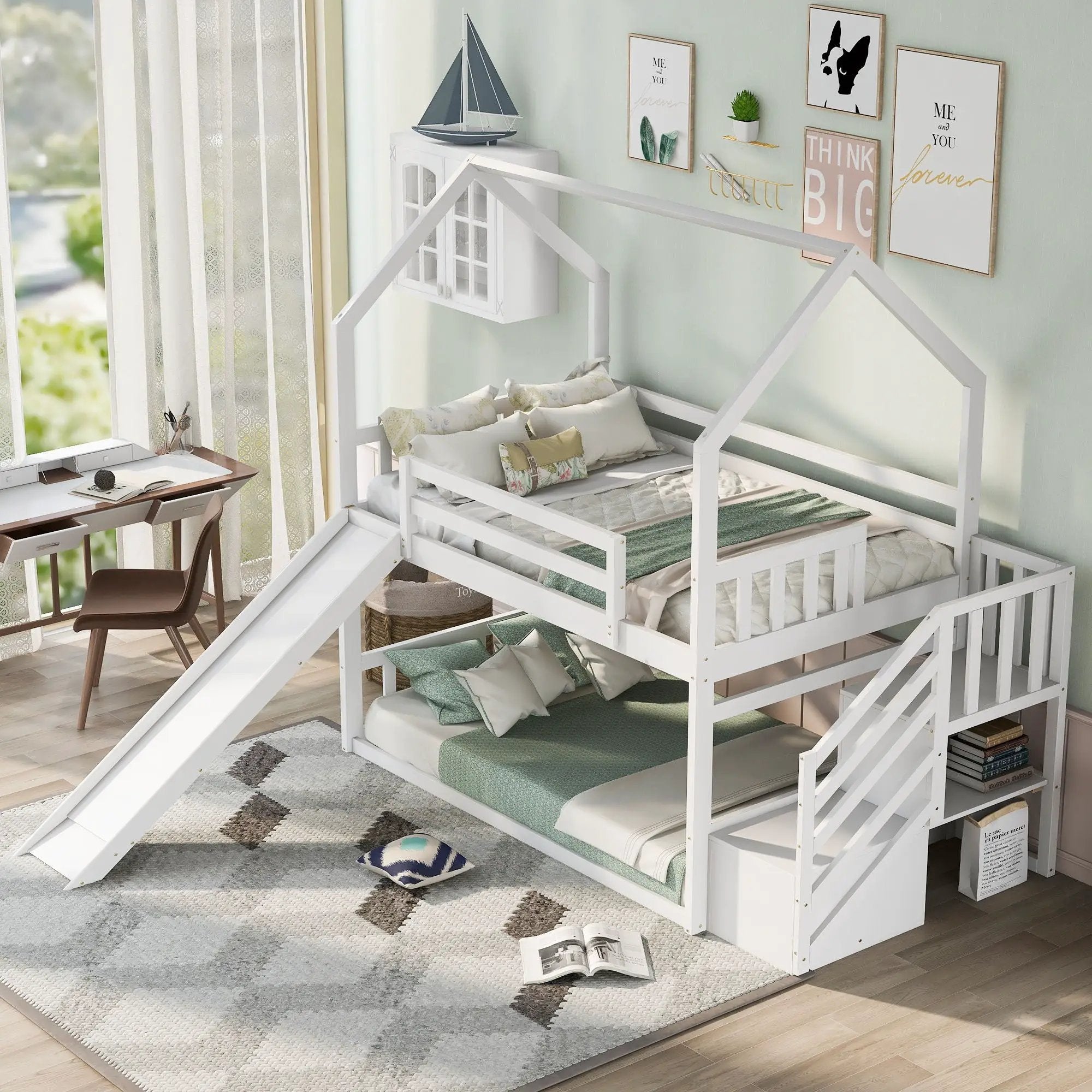 Twin Over Twin House Bunk Bed With Convertible Slide, Storage Staircase by HouseOfZazla