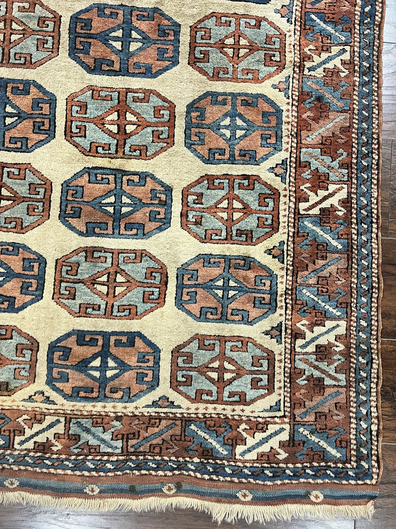 Turkish Kazak Rug 3x4, Wool Hand Knotted Handmade Vintage Carpet, Geometric Tribal Repeated Motif, Small 3 x 4 Antique Rug, Cream Red by Jewel Rugs