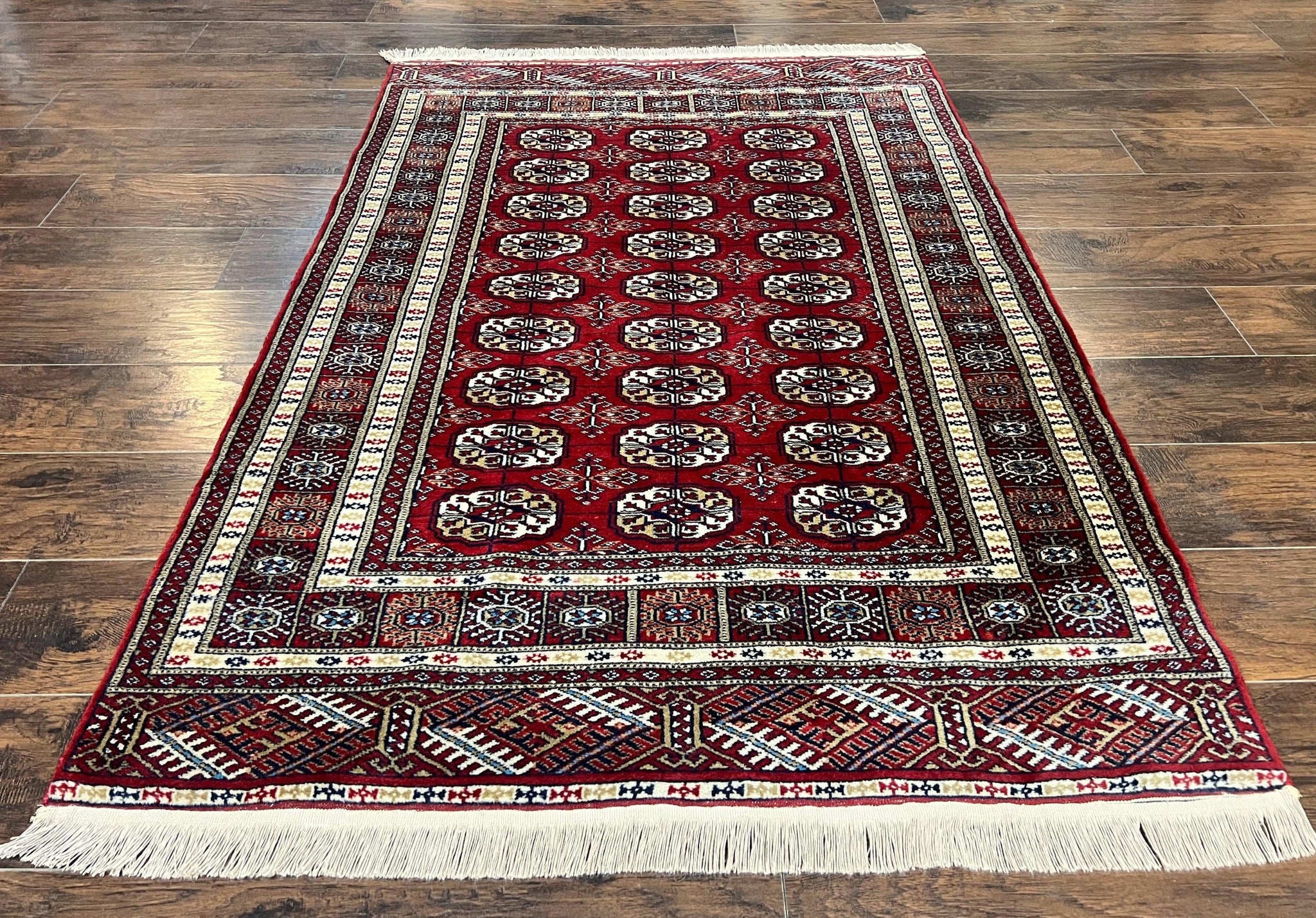 Pakistani Bokhara Rug 4x6, Red Turkoman Carpet, Finely Hand Knotted, Wool Vintage Rug by Jewel Rugs