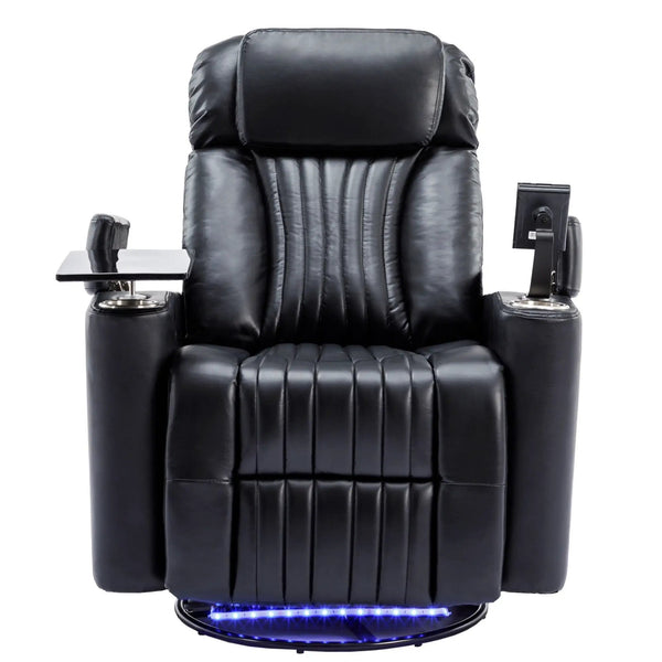 270° Power Swivel Recliner Home Theater Chair With Hidden Arm Storage, LED Light, Cup Holder, And Tray Table