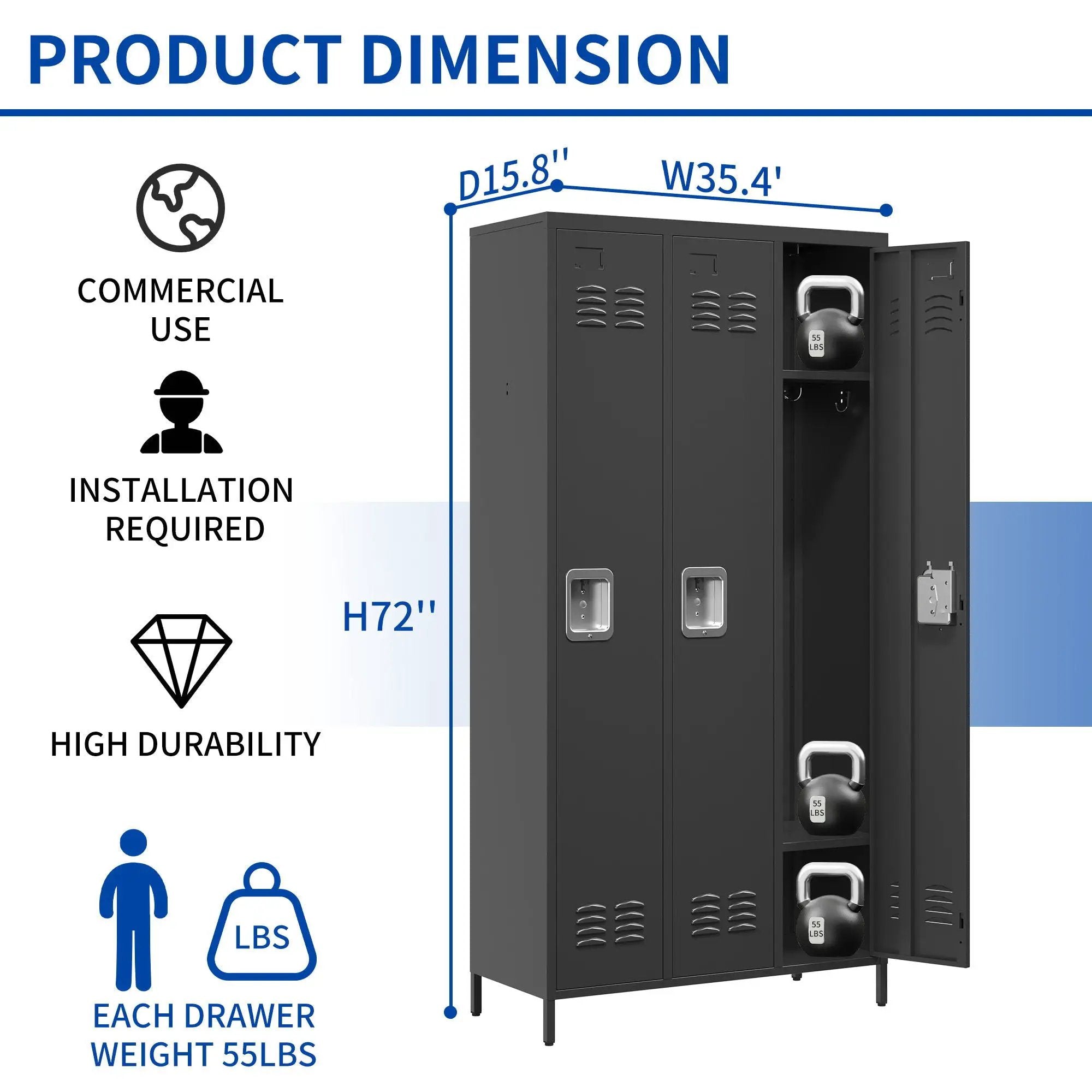 Storage Locker Cabinet With Locks For Employees, Home Gym Office School Garage - Black by Unique Piece Furniture