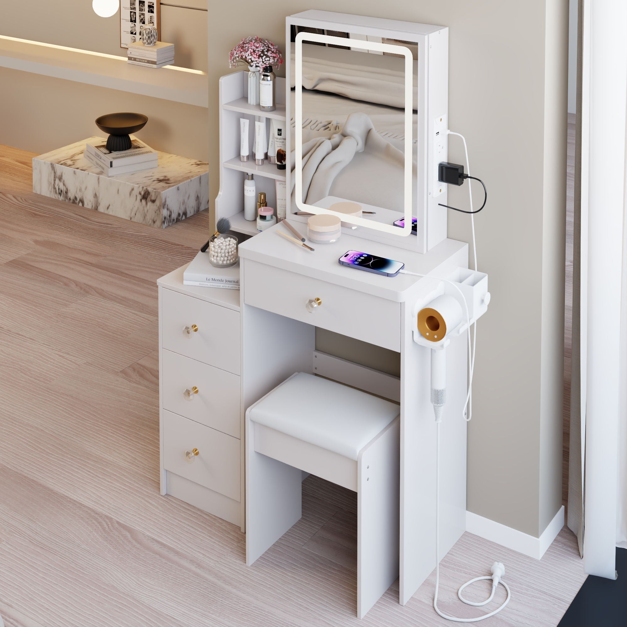 Cabinet Vanity Table & Cushioned Stool, USB Power Station, Hair Dryer Bracket - White by HouseOfZazla