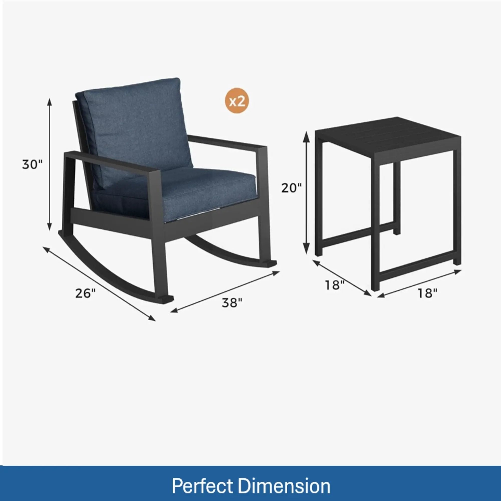Outdoor Rocking Bistro Set Of 3, Oversized Rocking Chairs With Cushions And Side Table - Black / Blue by HouseOfZazla