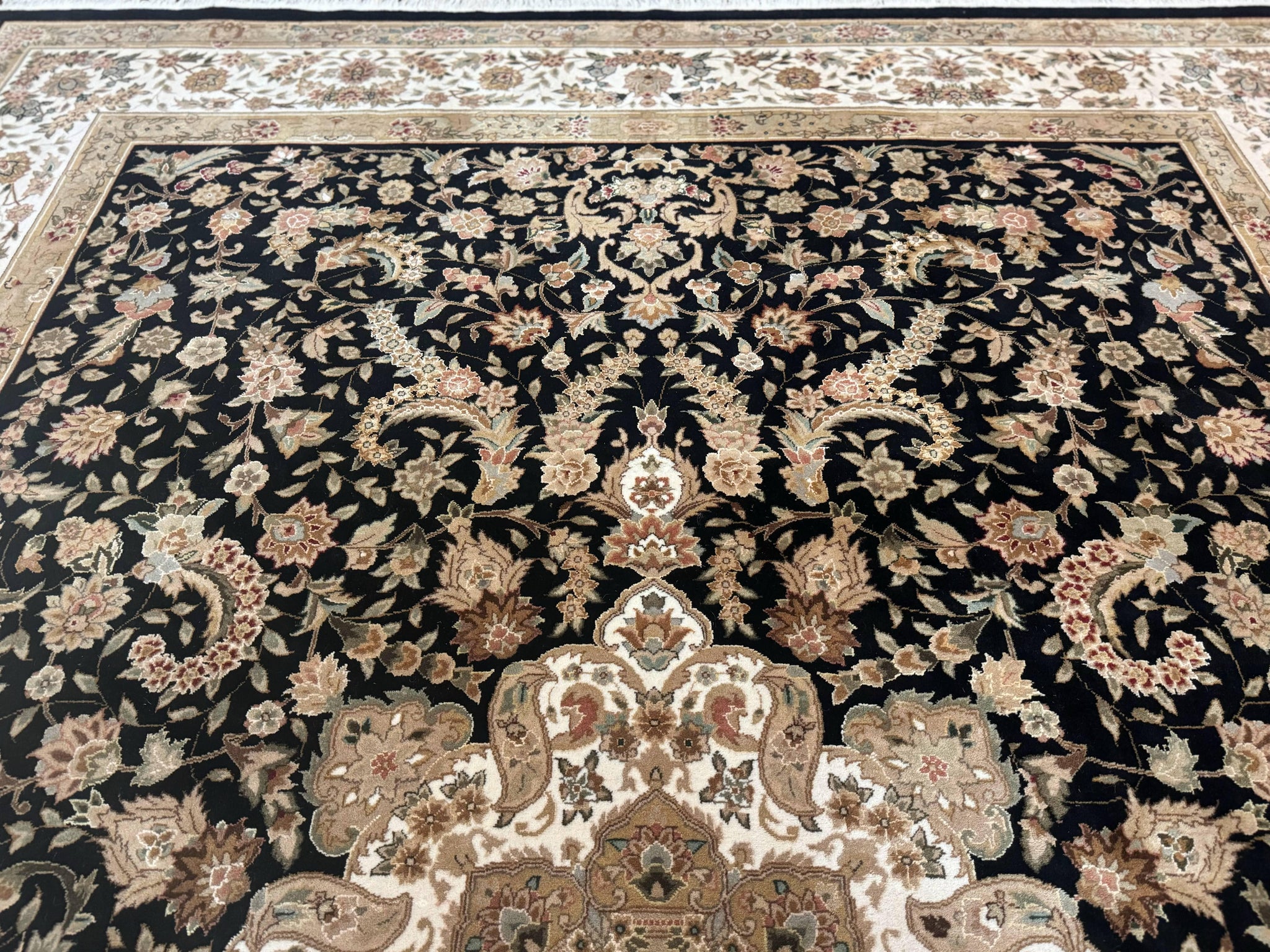 Sino Persian Rug 9x12, Floral Medallion, Black and Ivory, Elegant by Jewel Rugs