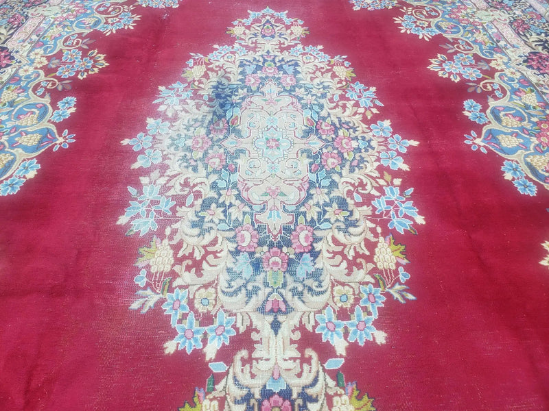Antique Persian Kirman Rug 10x17 Oriental Carpet 10 x 17, Red, Multicolor, Namazian Signature Master Weaver, Shabby Chic, Semi Open Field by Jewel Rugs