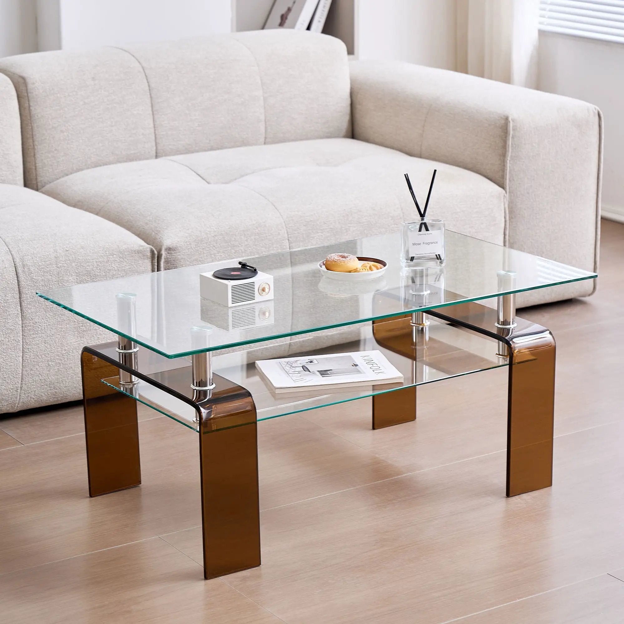Modern Tempered Glass Coffee Table With 2 Tier Storage For Living Room by Unique Piece Furniture