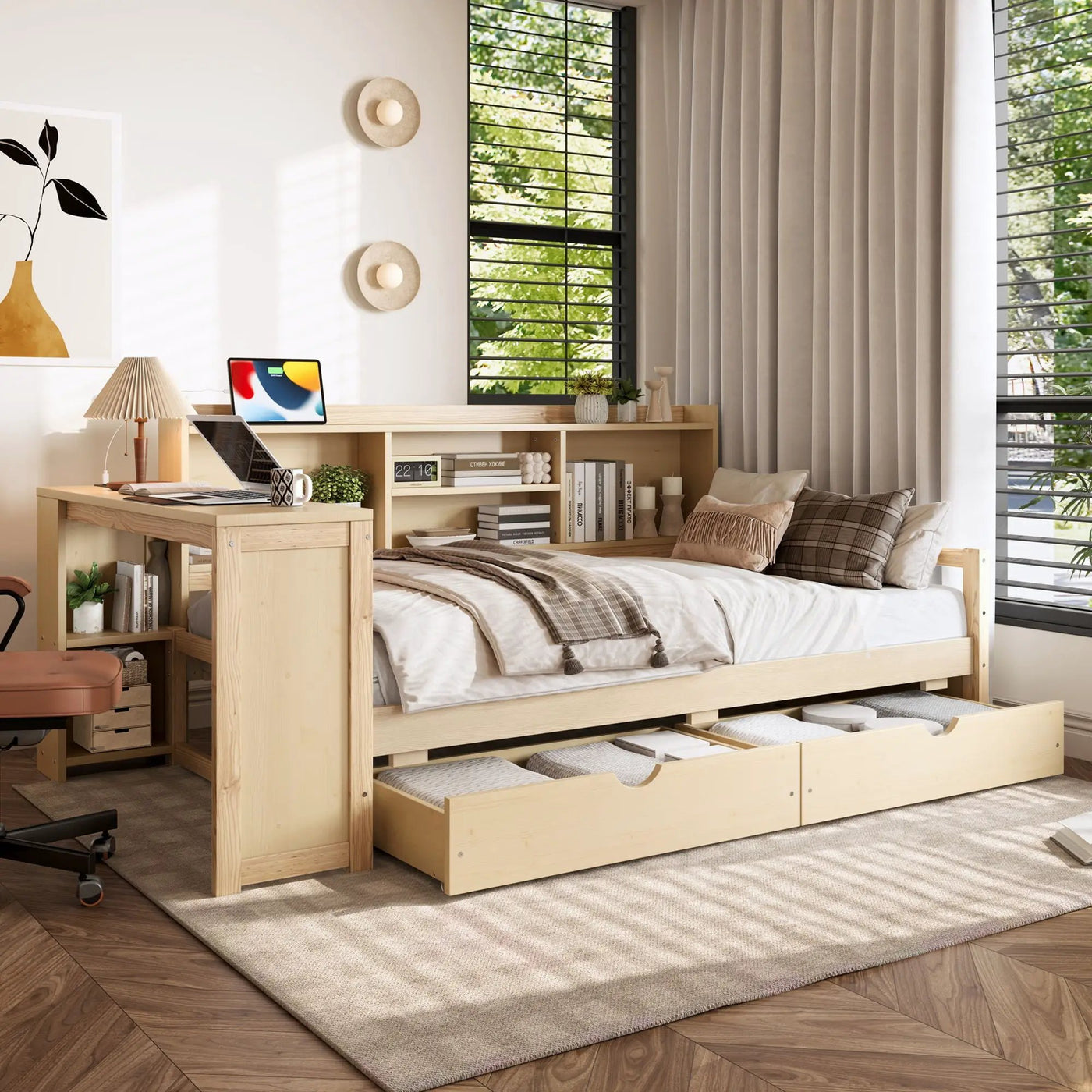 Corner Daybed With Storage Drawers, Desk, Charging Port & Bookcase by HouseOfZazla