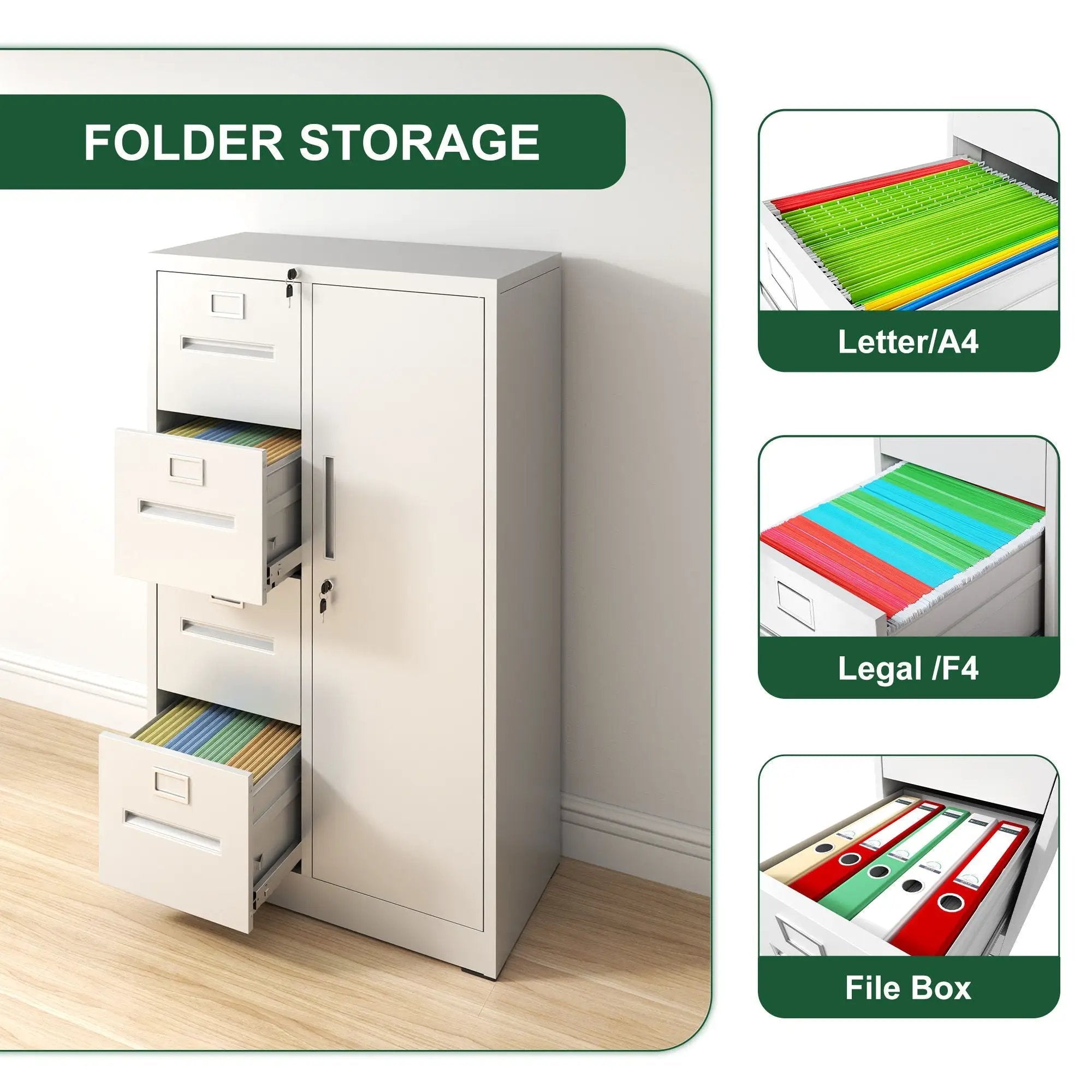Metal Storage Vertical Filing Cabinet With Lock, 4 Drawers, 1 Door, Steel Construction, School / Office Use by Unique Piece Furniture