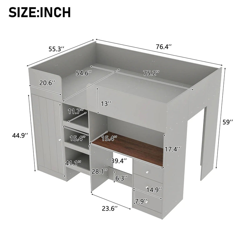 Loft Bed With Built In Wardrobe, Desk, Shelves, And Drawers by Unique Piece Furniture
