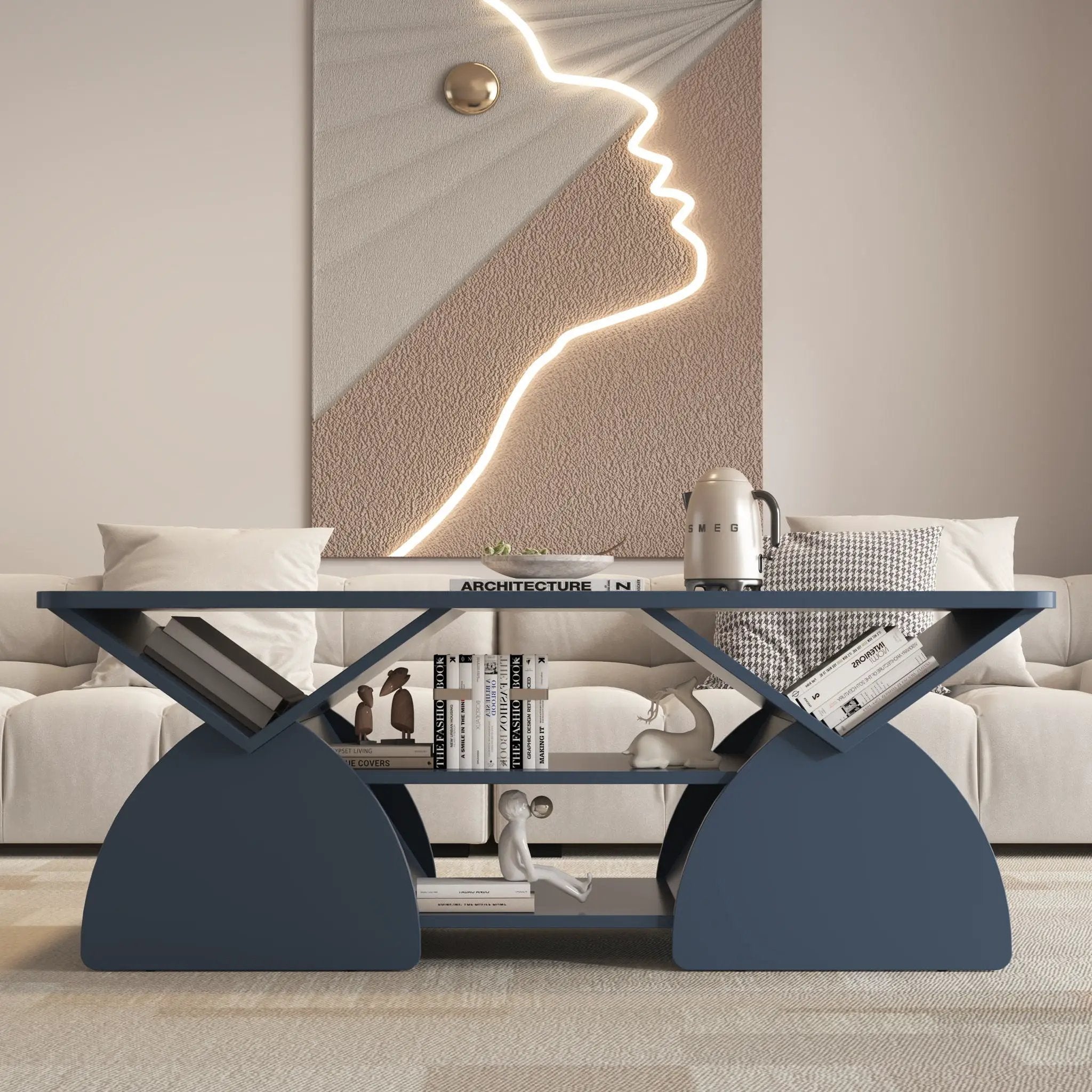 Geometric Engineered Coffee Table with Rounded Corners and Open Shelves by HouseOfZazla
