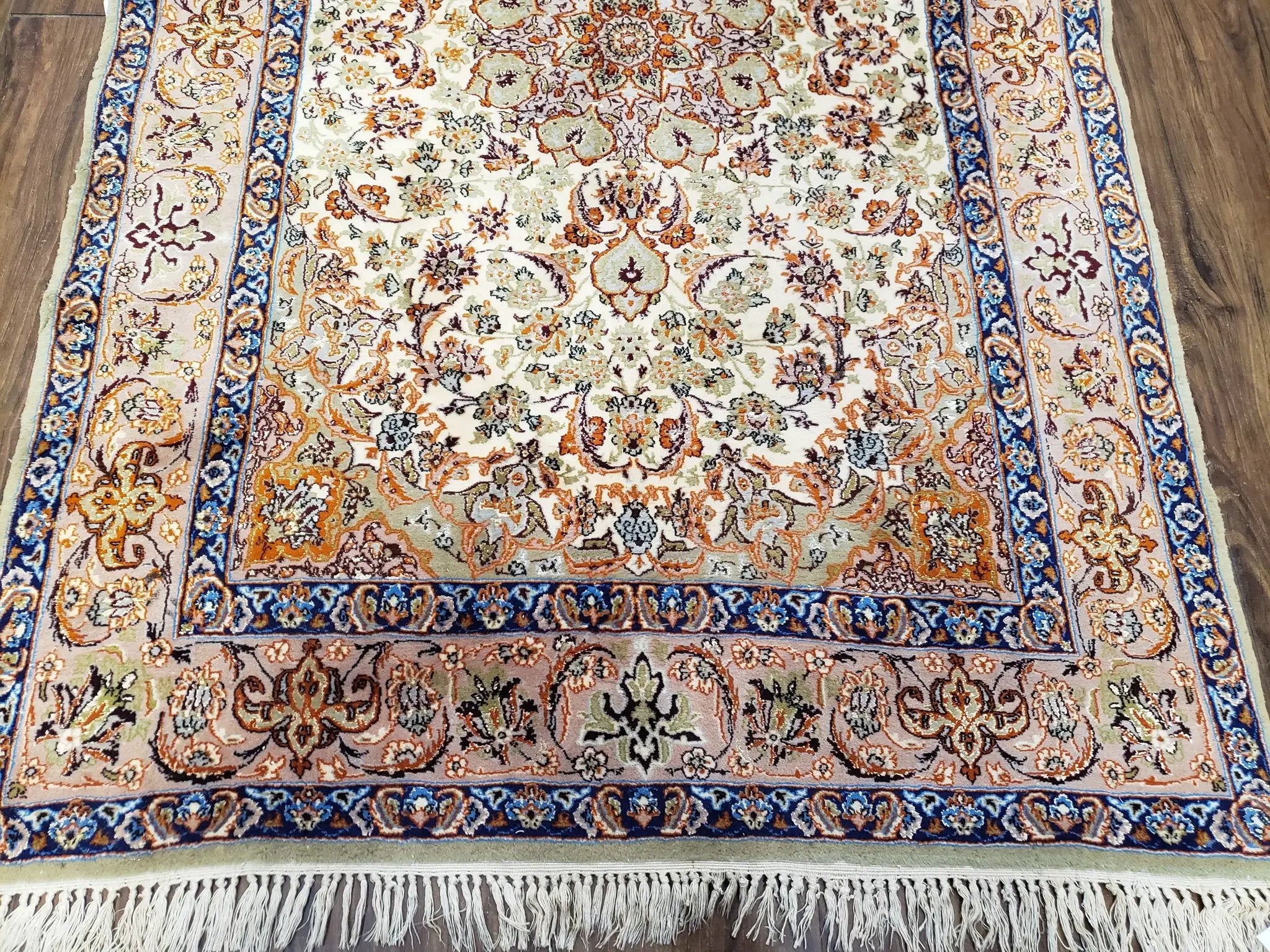 Vintage Persian Isfahan Lachak Toranj Rug, Highly Detailed, Kork Wool on Silk Foundation, Beige and Dark Blue, Hand-Knotted, 3'6" x 5' 4" by Jewel Rugs