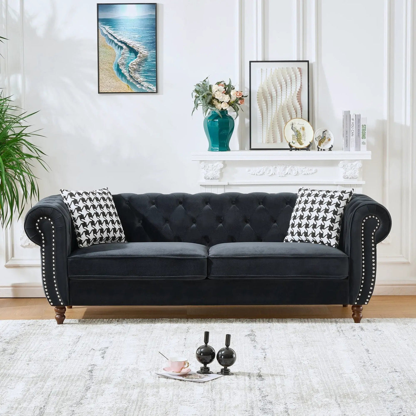 Chesterfield Upholstery Fabric Sofa With Roll Armrest & Nailhead, Mid Century Modern 3 And 3 Seater Couch by Unique Piece Furniture