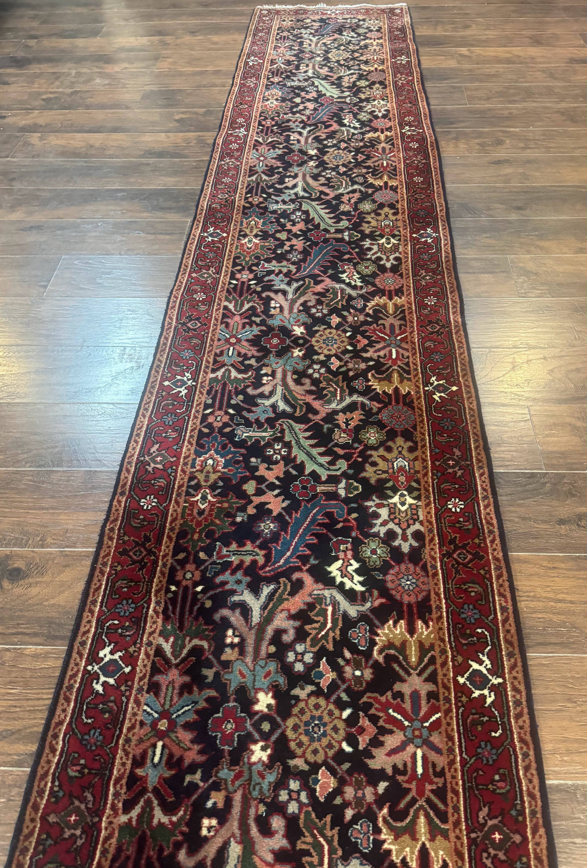 Indo Persian Runner Rug 2.7 x 13, Navy Blue and Red, Allover Floral, Wool, 13ft Runner by Jewel Rugs