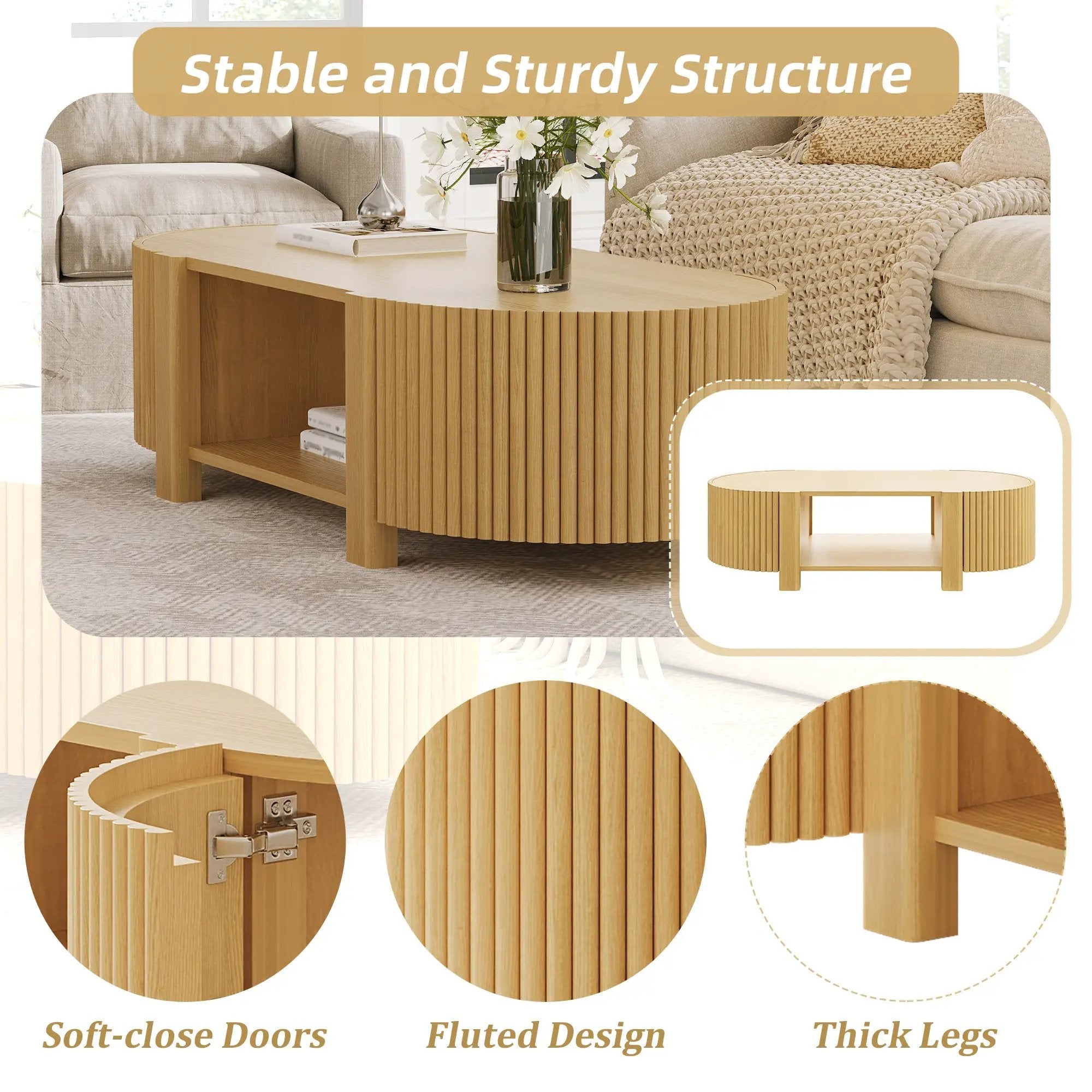 Oval Fluted Coffee Table with Storage for Living Room by HouseOfZazla