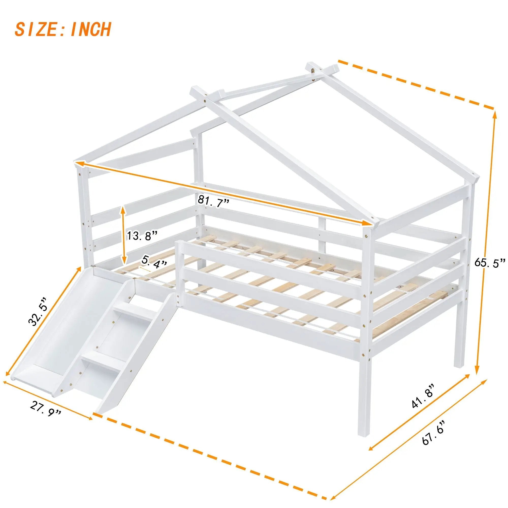 Low Loft House Bed With Slide, Ladder, Safety Guardrails, House Roof Frame by HouseOfZazla