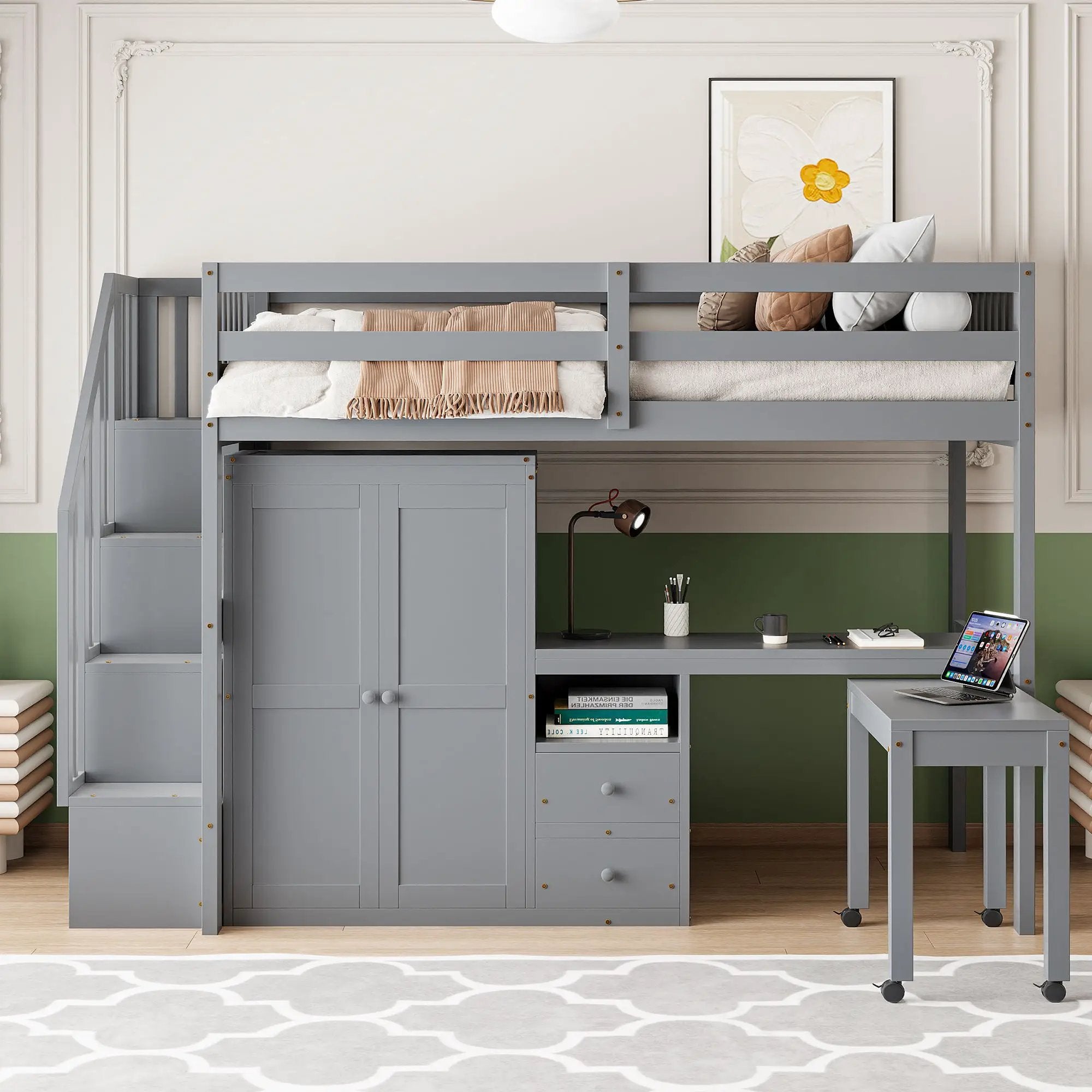 Loft Bed With Stairs, Bookshelf, Drawers, Desk & Wardrobe, Space Saving Multifunctional Furniture by HouseOfZazla