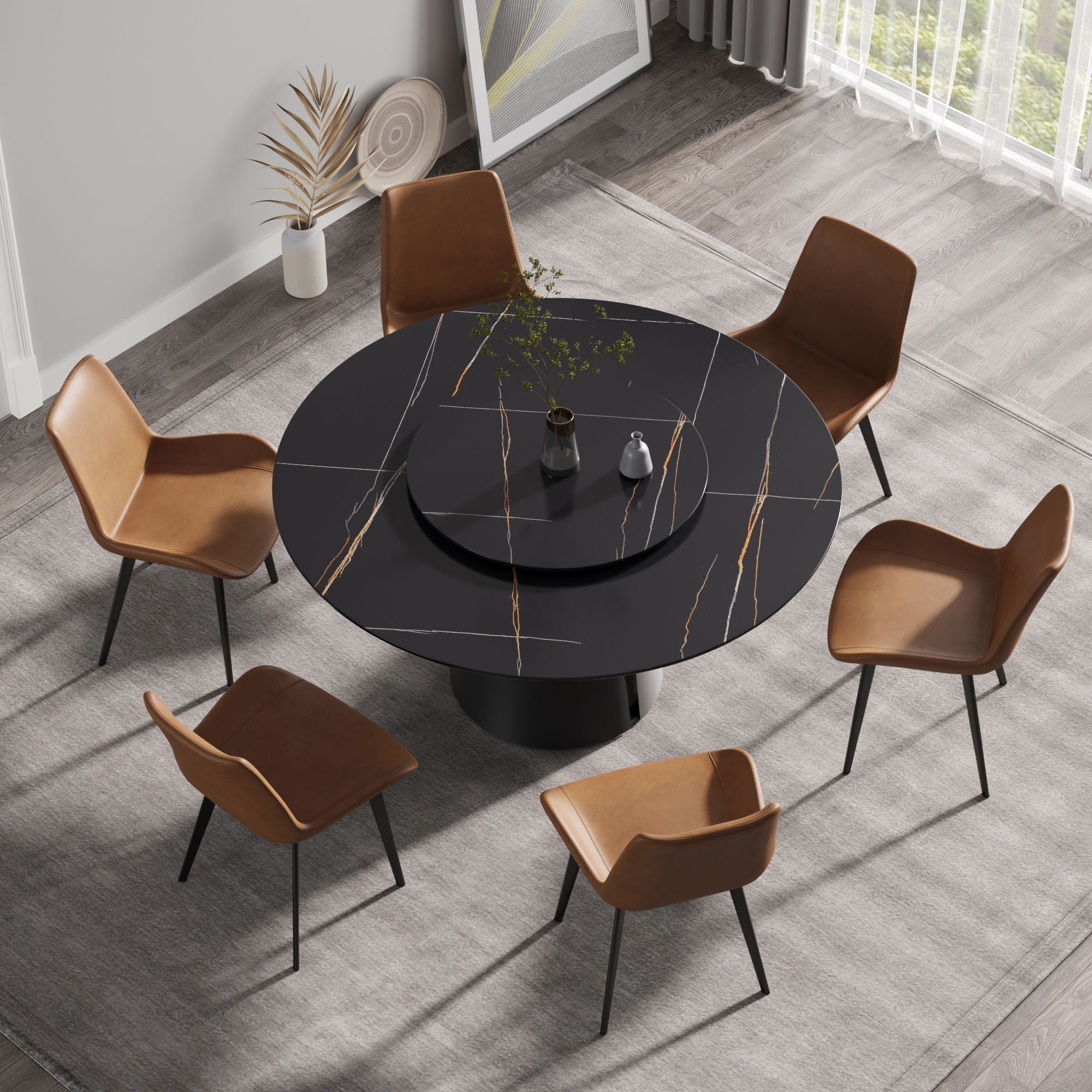 53.15" Round Modern Artificial Stone Carbon Steel Base Dining Table, Can Accommodate 6 People - Black / Gold by HouseOfZazla