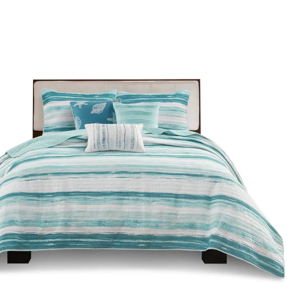 6 Piece Printed Quilt Set with Throw Pillows Aqua Full/Queen by HouseOfZazla