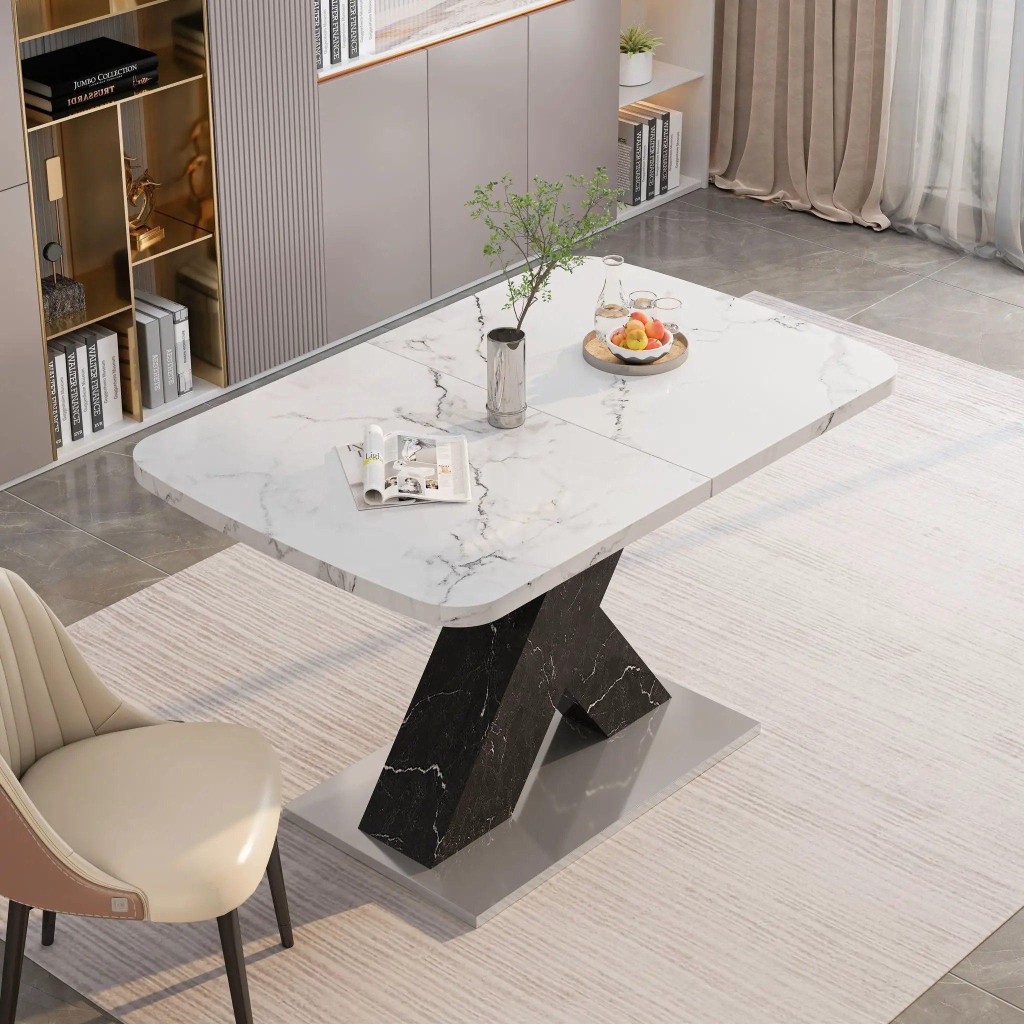 Rectangle Dining Table With Stretchable Top, X Shape Mdf Legs With Steel Base - White / Black by Unique Piece Furniture
